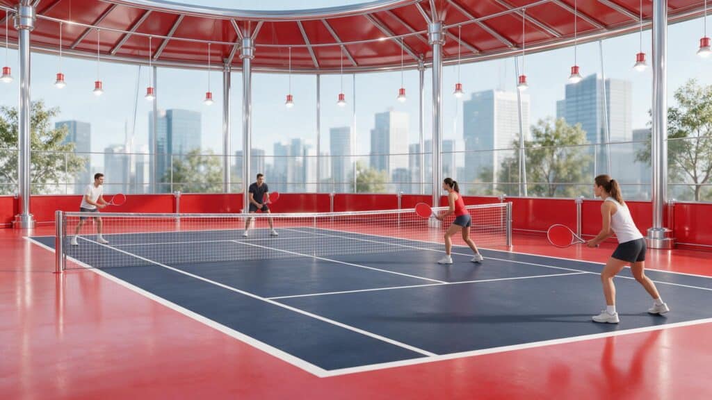Tennishalle mit Spielern beim Doppelspiel, moderne Sportanlage in Gudow.
